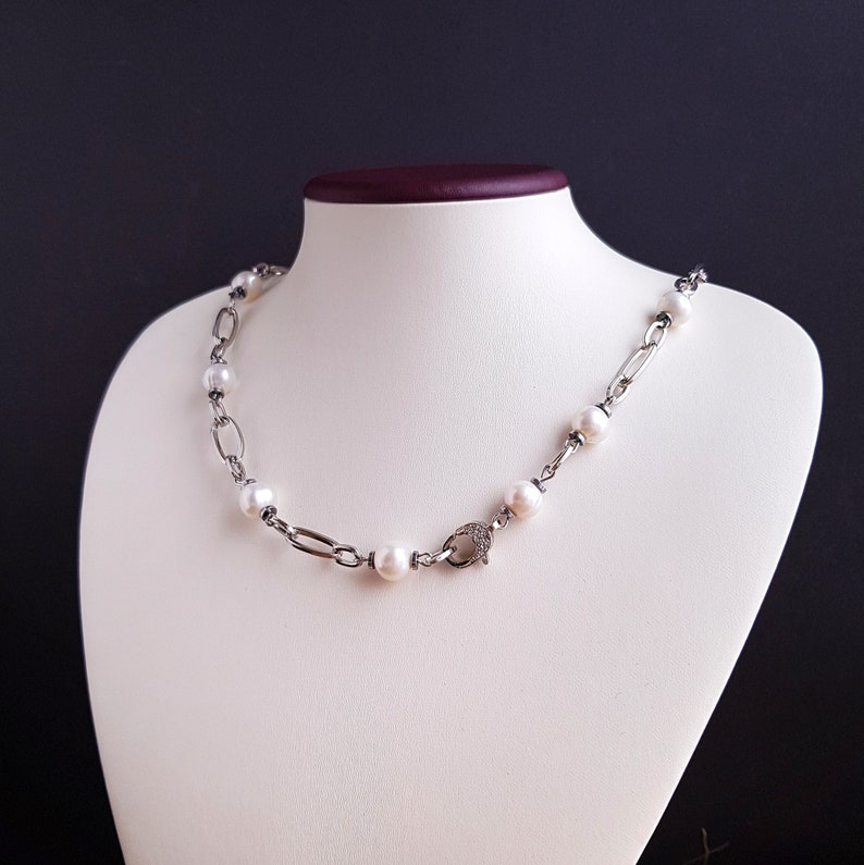 Chain link necklace with pearl Paperclip chain necklace with pearl Silver color chain with pearls
