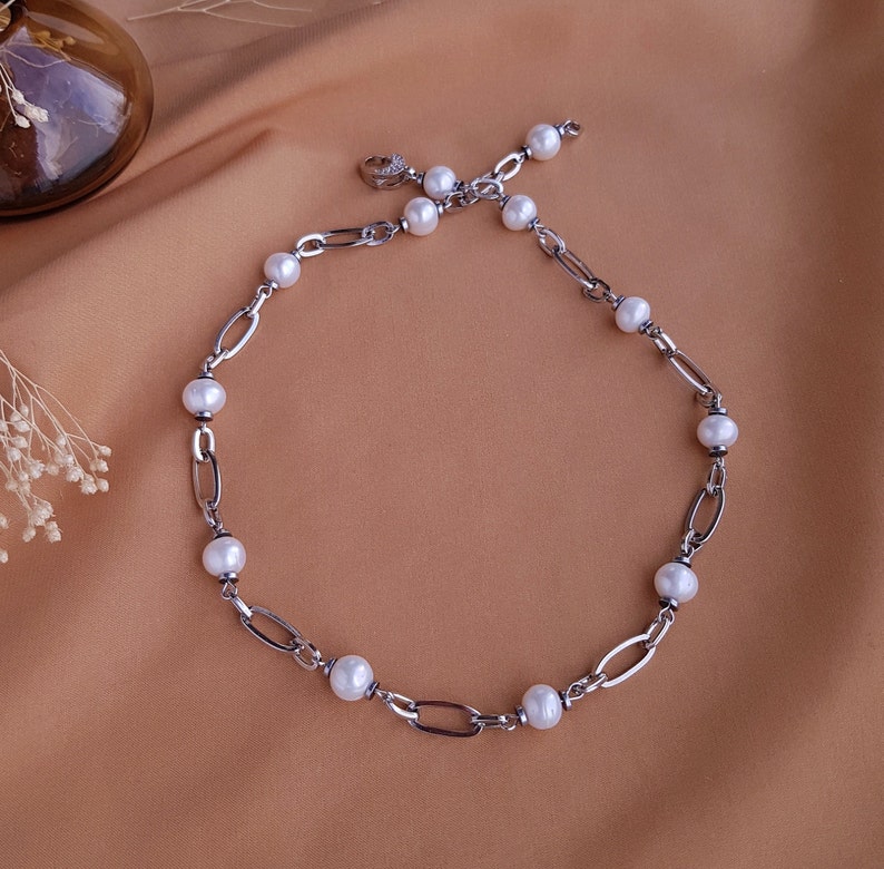 Chain link necklace with pearl Paperclip chain necklace with pearl Silver color chain with pearls