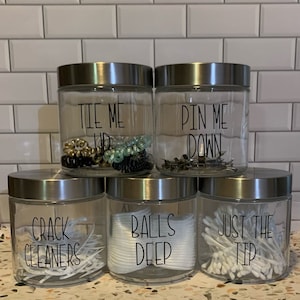 Bathroom jars, bathroom decor, funny bathroom decor, pin me down, balls deep, tie me up,crack cleaner,organizers, glass containers,house