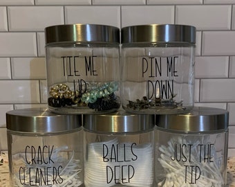 Bathroom jars, bathroom decor, funny bathroom decor, pin me down, balls deep, tie me up,crack cleaner,organizers, glass containers,house