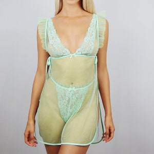 Mintkleurige lingerieset met open zijkant, handgemaakte babydollset, kanten nachtjapon, transparante lingerieset