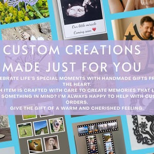 Może przedstawiać: Kolaż spersonalizowanych prezent&oacute;w, w tym drewniane tabliczki, magnesy na zdjęcia i elementy dekoracyjne. Obraz zawiera tekst "CUSTOM CREATIONS MADE JUST FOR YOU" i podkreśla ręcznie robione prezenty na specjalne okazje.