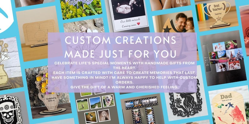 Może przedstawiać: Kolaż spersonalizowanych prezent&oacute;w, w tym drewniane tabliczki, magnesy na zdjęcia i elementy dekoracyjne. Obraz zawiera tekst "CUSTOM CREATIONS MADE JUST FOR YOU" i podkreśla ręcznie robione prezenty na specjalne okazje.