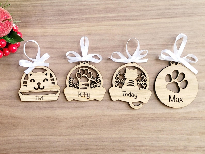 Personalised Cat Tree Decoration, Name Cat Bauble, Cat Memorial, Mothers Day Gift for cat Mum, Cats First Christmas Xmas Decor for Cat Lover image 1