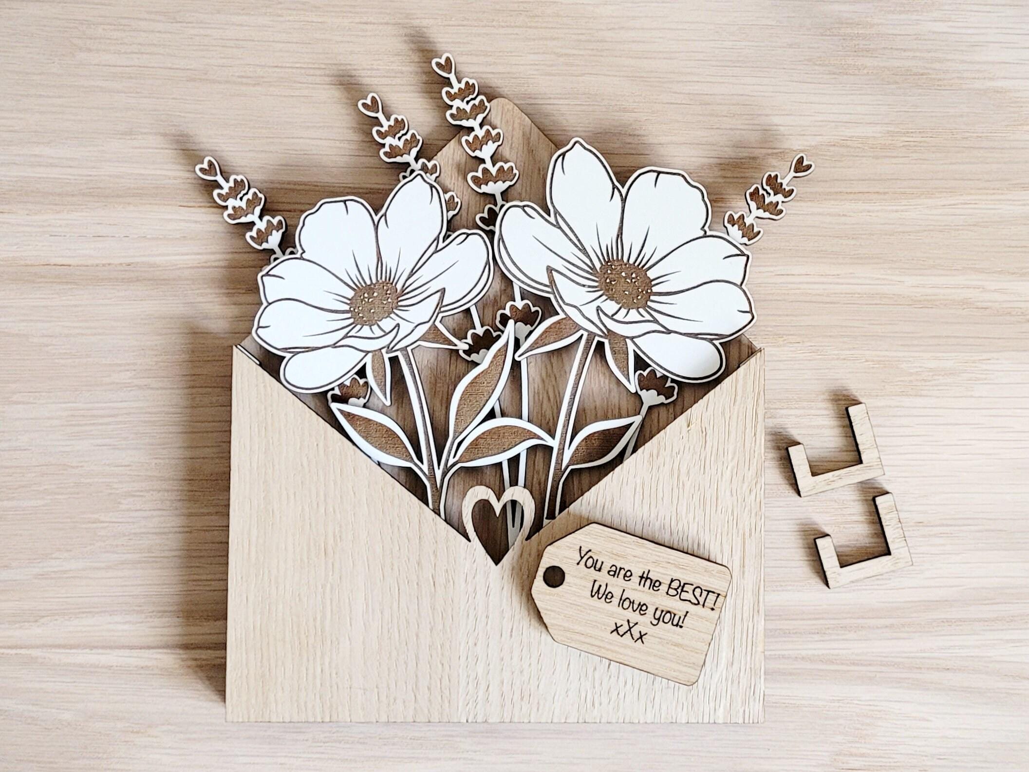 Personalised Wooden Bouquet, Flower Botanical Gift From Daughter, Envelope Flower Box, Mum Birthday Gift From Son, Sentimental Gift For Her