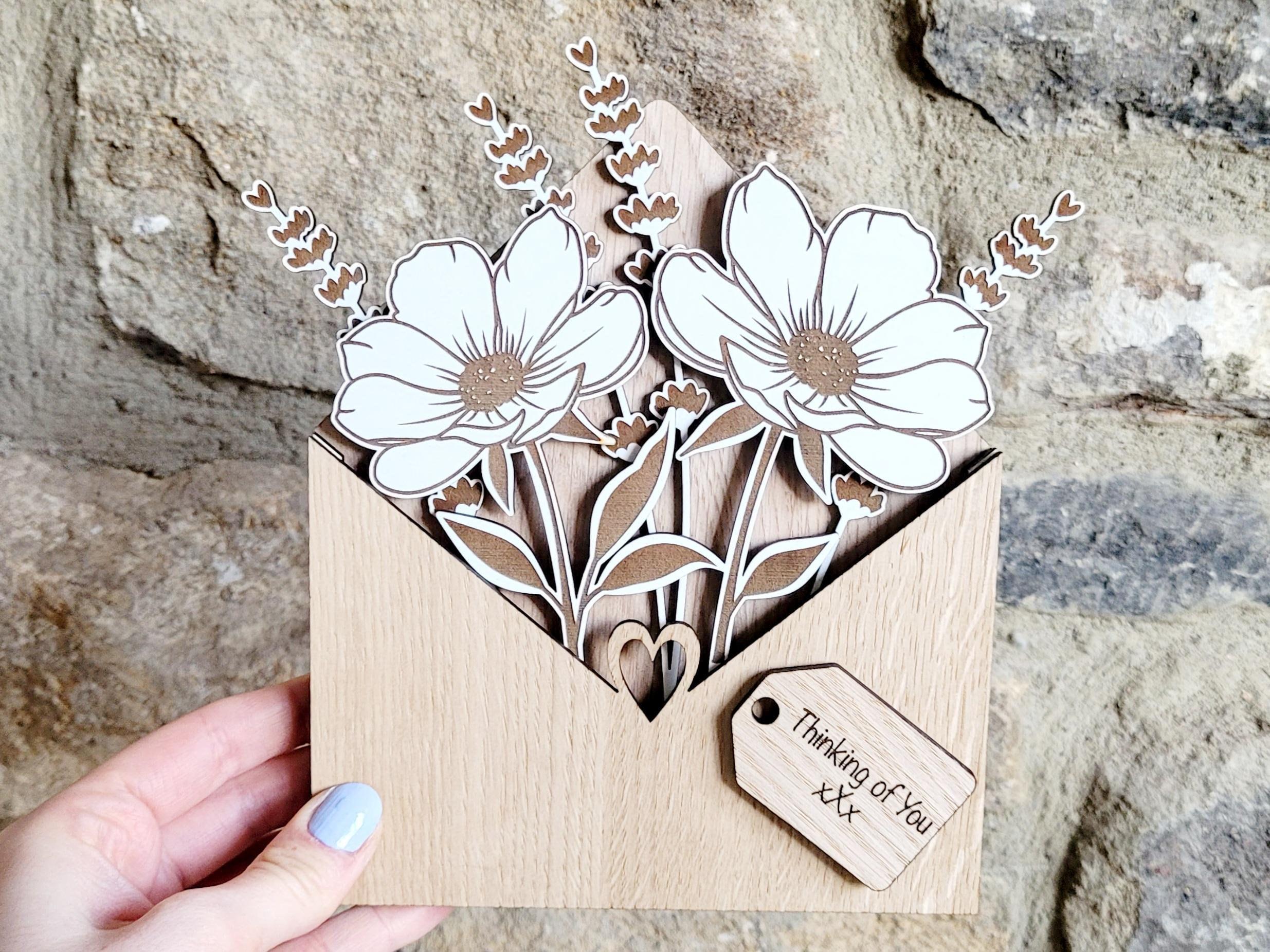 Personalised Wooden Bouquet, Flower Botanical Gift From Daughter, Envelope Flower Box, Mum Birthday Gift From Son, Sentimental Gift For Her