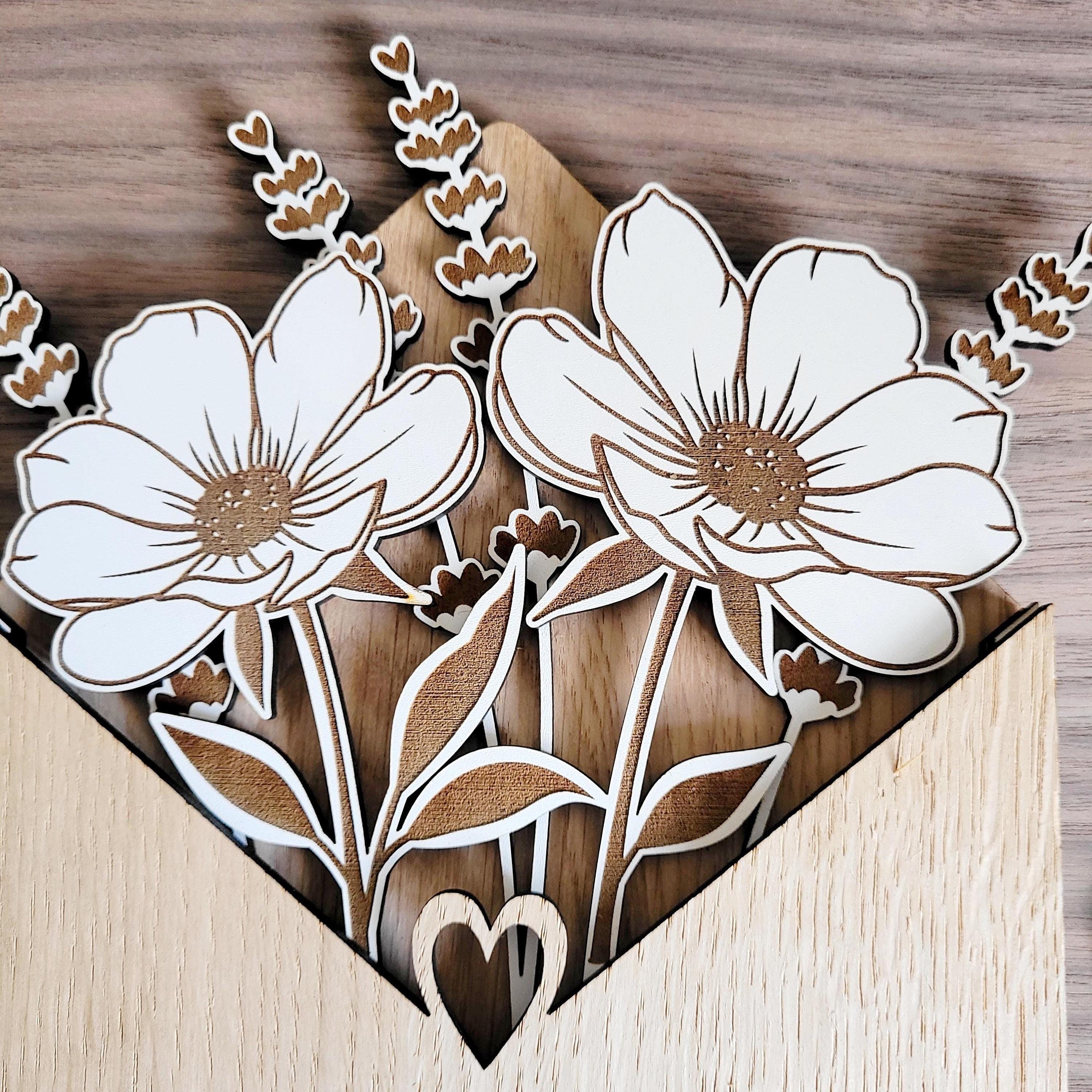 Personalised Wooden Bouquet, Flower Botanical Gift From Daughter, Envelope Flower Box, Mum Birthday Gift From Son, Sentimental Gift For Her