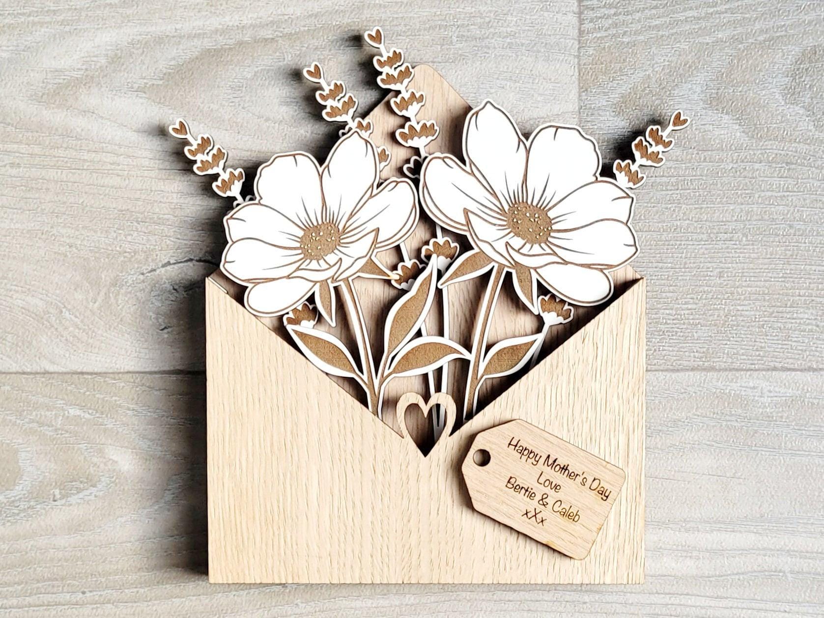 Personalised Wooden Bouquet, Flower Botanical Gift From Daughter, Envelope Flower Box, Mum Birthday Gift From Son, Sentimental Gift For Her