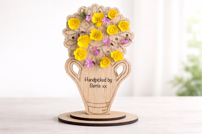 Personalised wooden flower holder with real yellow and pink flowers, engraved “Handpicked by Bertie xx”, freestanding Mother’s Day gift for Mum or Nana