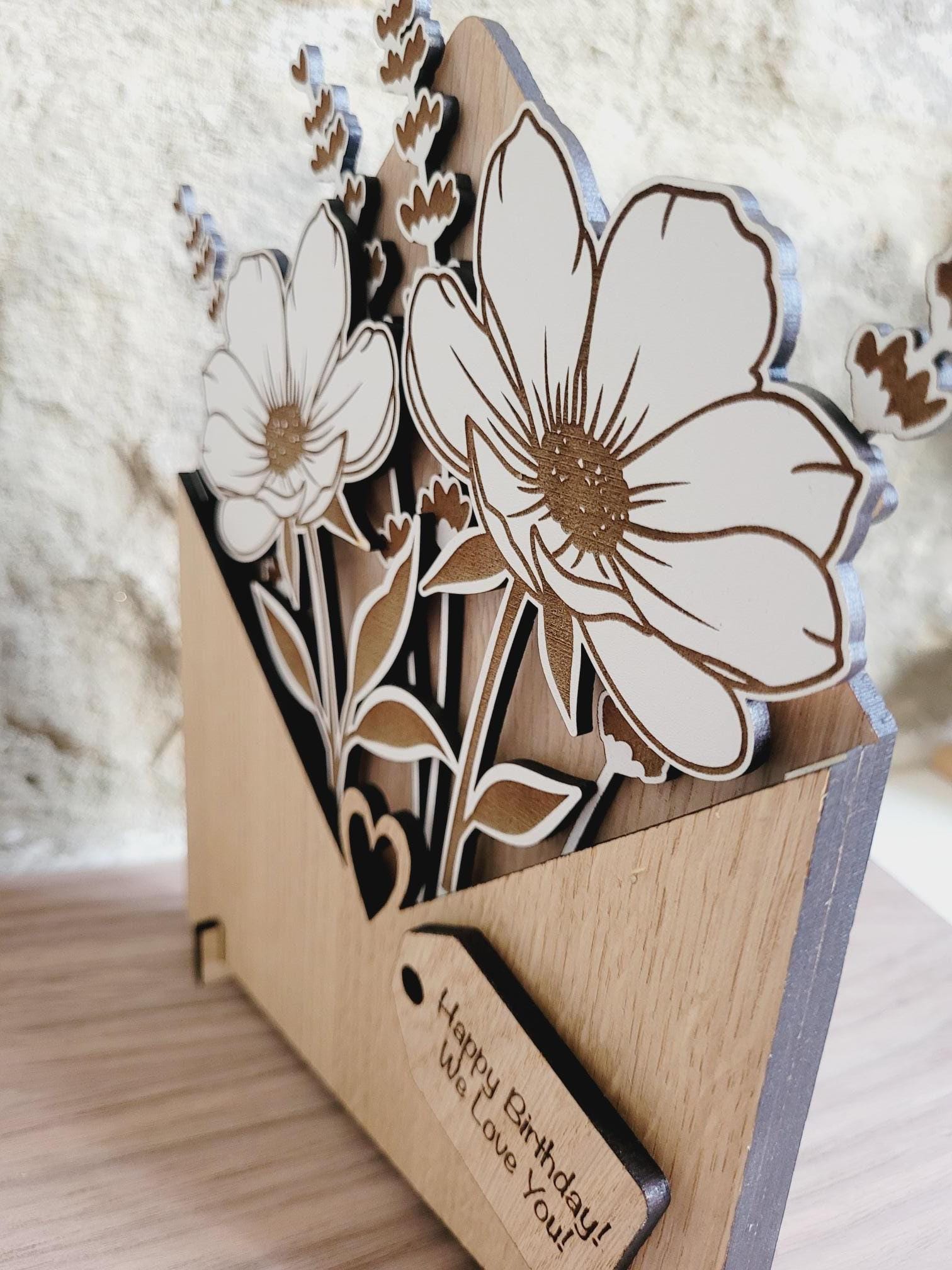 Personalised Wooden Bouquet, Flower Botanical Gift From Daughter, Envelope Flower Box, Mum Birthday Gift From Son, Sentimental Gift For Her