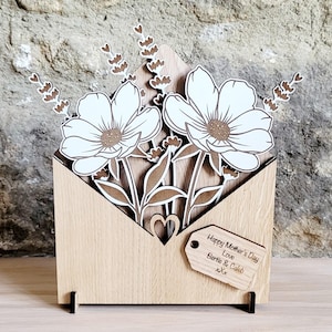 Personalised Wooden Bouquet, Flower Botanical Gift From Daughter, Envelope Flower Box, Mum Birthday Gift From Son, Sentimental Gift For Her