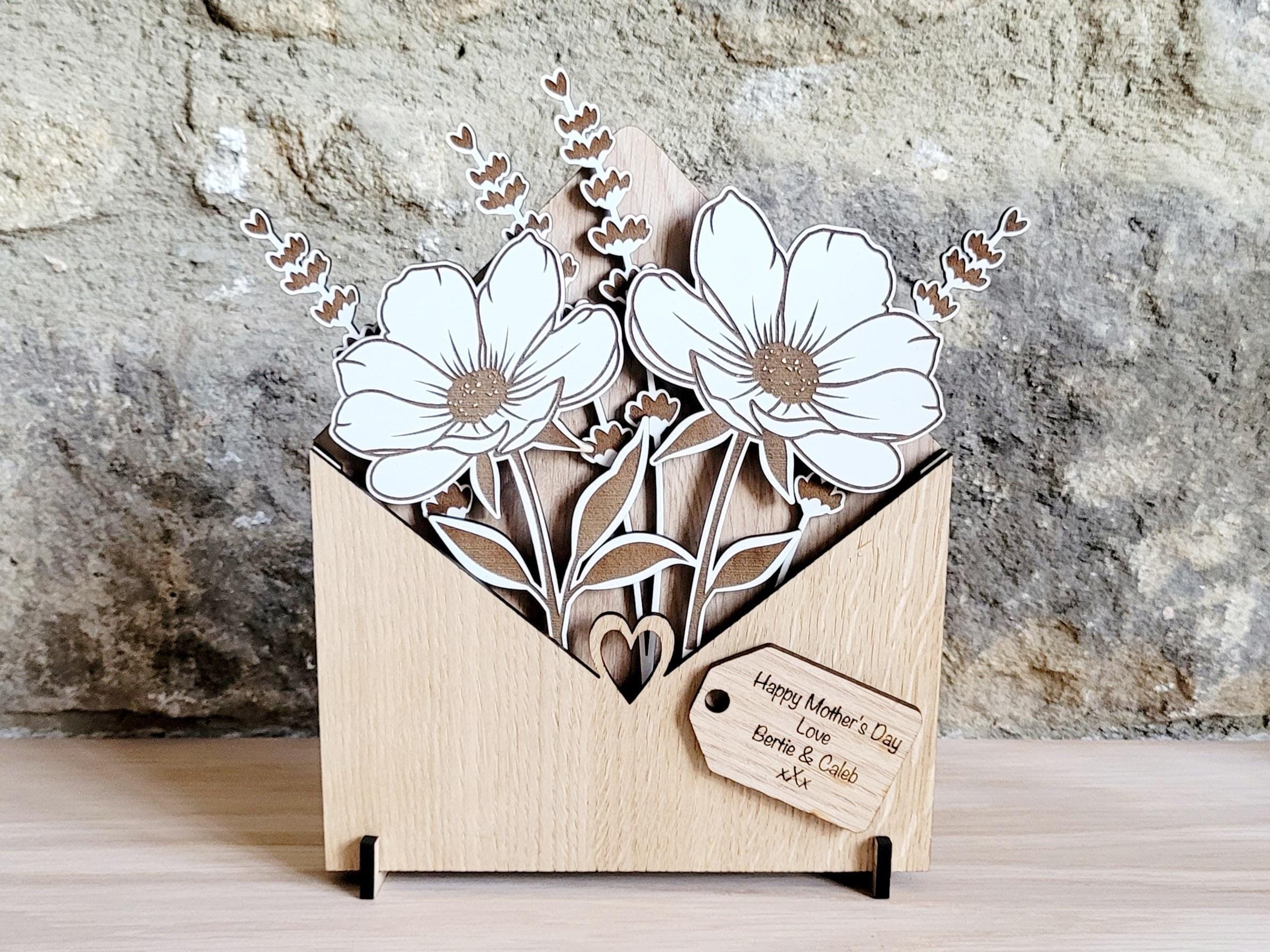 Personalised Wooden Bouquet, Flower Botanical Gift From Daughter, Envelope Flower Box, Mum Birthday Gift From Son, Sentimental Gift For Her