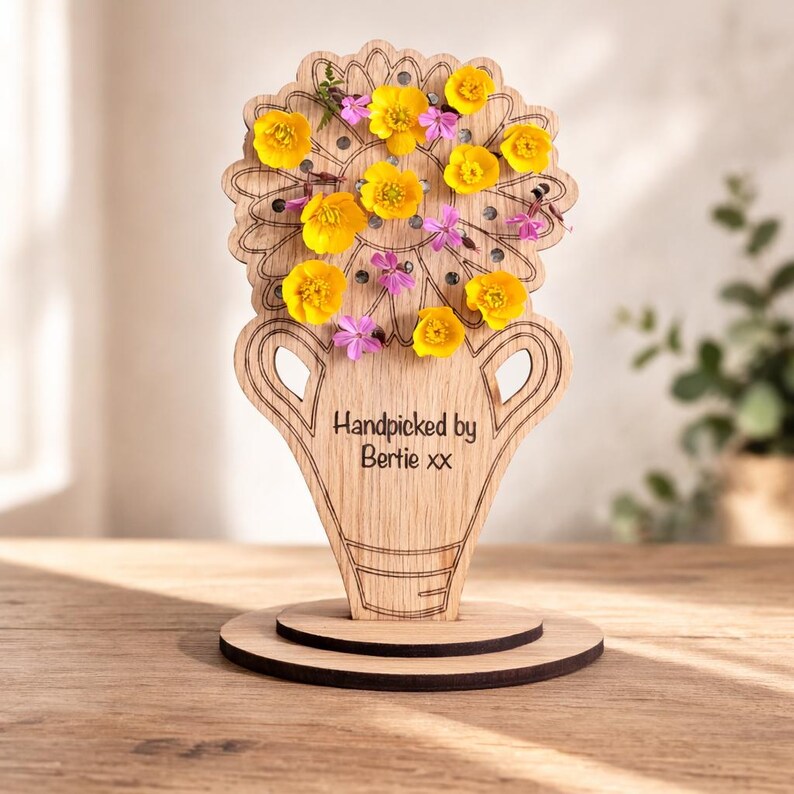 Handcrafted wooden flower vase stand engraved “Handpicked by Bertie xx,” displayed on a light oak table in soft natural daylight, decorated with vibrant yellow and small pink flowers, with a warm neutral wall and softly blurred greenery in the background.