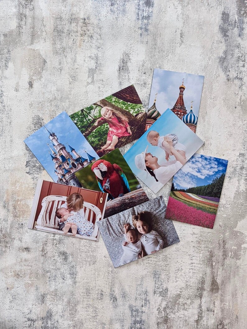 Może przedstawiać: Sześć fotografii ułożonych jest na teksturowanej, jasnoszarej powierzchni. Zdjęcia przedstawiają r&oacute;żne motywy, w tym czerwonego papugę, zamek, rodzinę i krajobraz miejski.