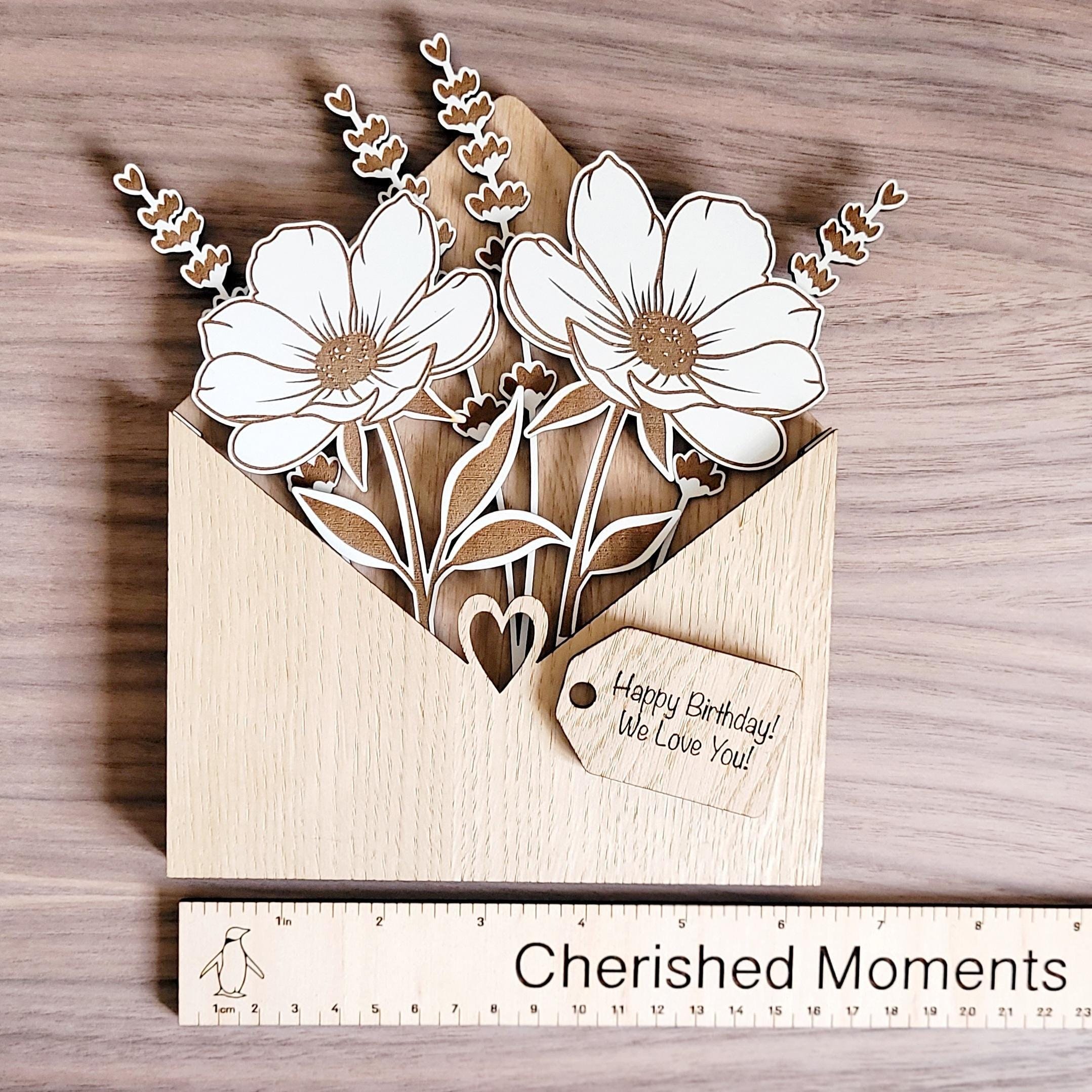 Personalised Wooden Bouquet, Flower Botanical Gift From Daughter, Envelope Flower Box, Mum Birthday Gift From Son, Sentimental Gift For Her