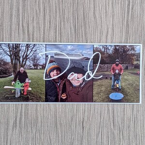 May include: A collage of three photos featuring a family. The first photo shows a man and a child on a playground. The second photo shows a man and a child standing together. The third photo shows a man and a child walking on a path. The word "Dad" is written in white cursive across the top of the collage.