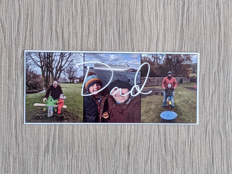 May include: A collage of three photos featuring a family. The first photo shows a man and a child on a playground. The second photo shows a man and a child standing together. The third photo shows a man and a child walking on a path. The word "Dad" is written in white cursive across the top of the collage.