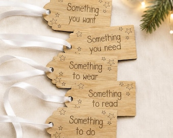 Personalised 5 Gift Rule Tags | Wooden Present Labels | Want Need Wear Read Do Christmas Tags