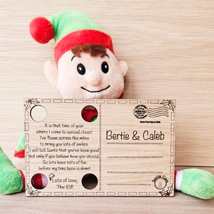 Ich bin zurück, Elfen-Postkarte, personalisierte Elfen-Ankunftsideen, Weihnachtself-Lieferung, Weihnachtsmannmarke, Elfenpost, Elfenrückkehr-Ankündigung, Elfenrequisiten