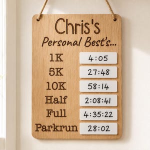 以下が含まれることがあります： 吊り下げ用のロープが付いた長方形の明るい木製プレート。Chris's Personal Best's...という刻印と、1K、5K、10K、Half、Full、Parkrunというレース距離のリストが記されており、それぞれの横にタイムを表示する白い長方形のインサートが配置されています。