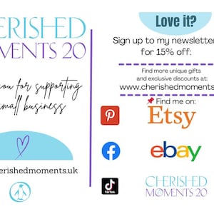 Może przedstawiać: Grafika promocyjna z tekstem "CHERISHED MOMENTS 20" w kolorze turkusowym i fioletowym. Zawiera frazy "Dziękuję za wspieranie mojej małej firmy" i "Podoba Ci się? Zapisz się do mojego newslettera i otrzymaj 15% zniżki".