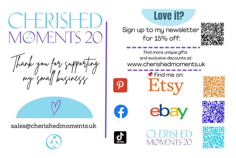 Może przedstawiać: Grafika promocyjna z tekstem "CHERISHED MOMENTS 20" w kolorze turkusowym i fioletowym. Zawiera frazy "Dziękuję za wspieranie mojej małej firmy" i "Podoba Ci się? Zapisz się do mojego newslettera i otrzymaj 15% zniżki".