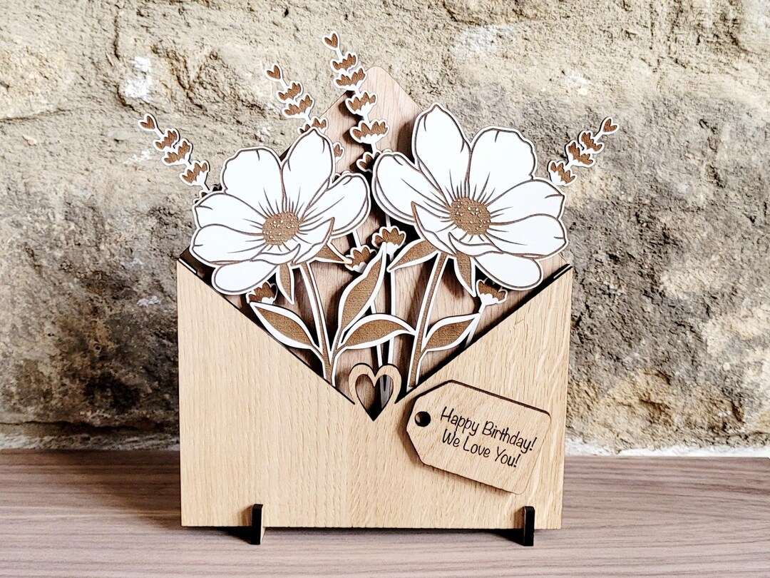 Envelope Flower Box Gift for Her, Personalised Wooden Bouquet