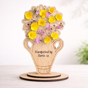 Personalised wooden flower holder with real yellow and pink flowers, engraved “Handpicked by Bertie xx”, freestanding Mother’s Day gift for Mum or Nana