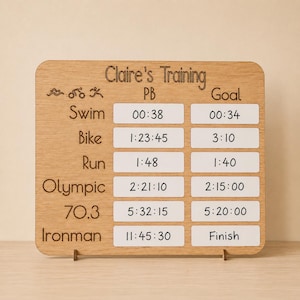 Personalised triathlon training tracker board in oak veneer wood with engraved “Claire’s Training” heading, white dry wipe PB and goal sections, and handwritten race times and Ironman goals. The handmade wooden board is displayed on thin wooden stands against a soft beige wall with warm natural lighting and a clean minimalist Etsy-style setup.