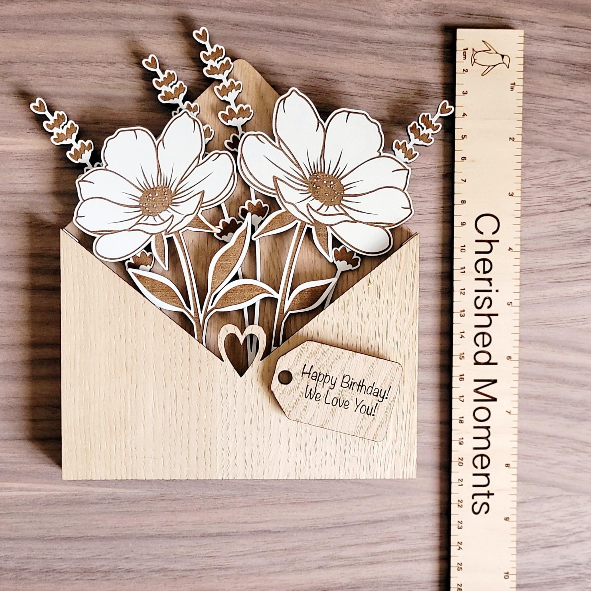 Personalised Wooden Bouquet, Flower Botanical Gift From Daughter, Envelope Flower Box, Mum Birthday Gift From Son, Sentimental Gift For Her