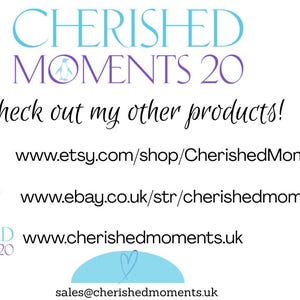 Może przedstawiać: Białe tło z tekstem "CHERISHED MOMENTS 20" w kolorze niebieskim i fioletowym. Zawiera r&oacute;wnież frazę "Check out my other products!" oraz linki do Etsy, eBay i strony internetowej.