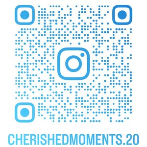 May include: Blue and white QR code with an Instagram logo in the center. The text "CHERISHED MOMENTS.20" is below the code.