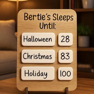 May include: A wooden countdown calendar with the text "Bertie's Sleeps Until:" and three white blocks for Halloween (28 days), Christmas (83 days), and Holiday (100 days). The calendar is supported by two small wooden legs.