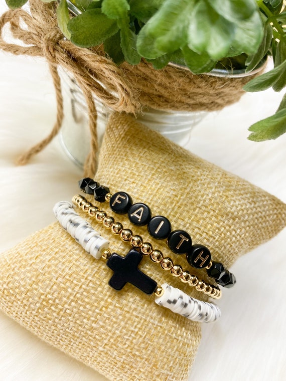 Faith Bracelet|Cross Bracelet|Clay Disk Bracelet|Black& Gold Bracelets|Gold Filled|Name Bracelets|Beaded Bracelets