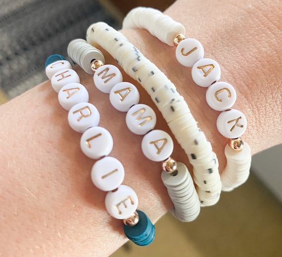 Clay disk bracelet stack|Clay Disk Bracelet|Letter Bead Bracelets|Name  Bracelets|Mama