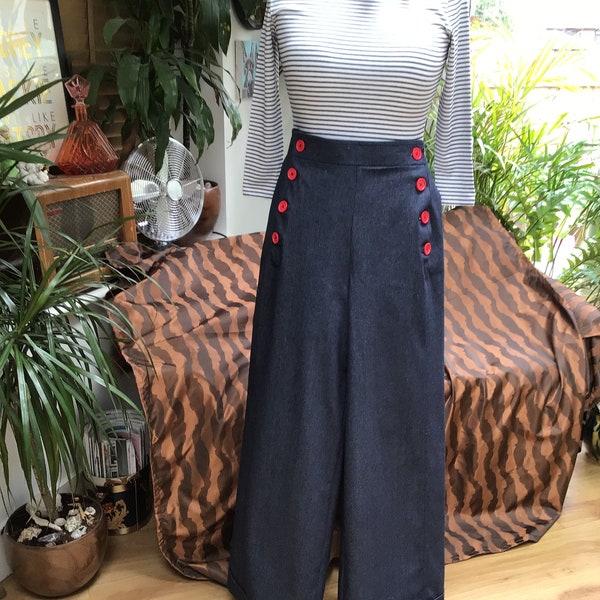 Vintage style Yacht pants , wide leg denim swing, 1930s/40s Button front , Pin up/Rockabilly