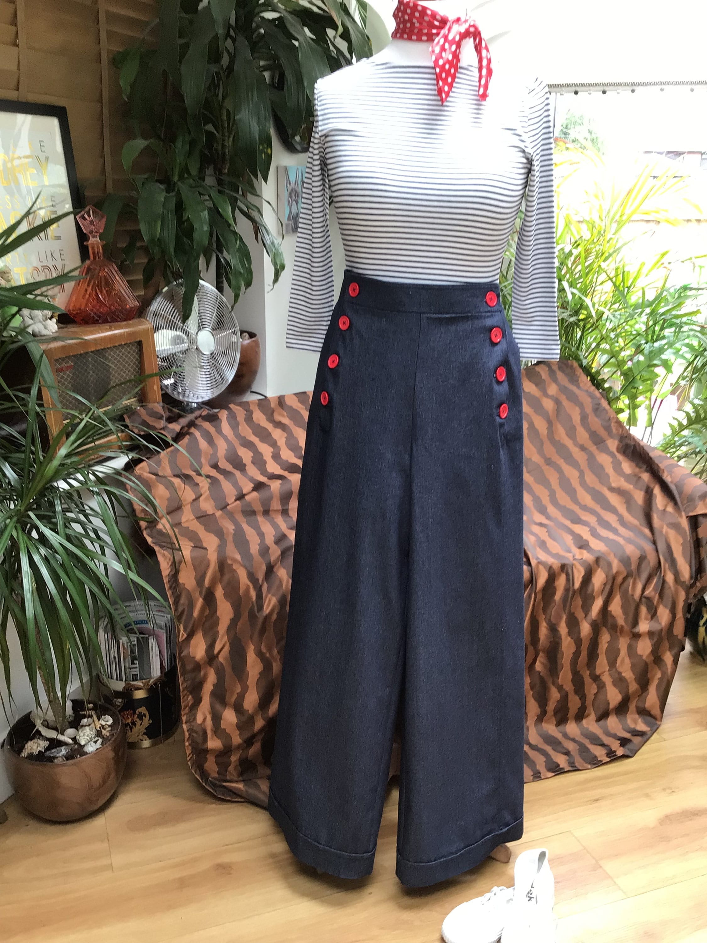 Sailor/Yacht Pants , wide leg denim Trousers,1930s/40s Style,Button front, Pin up