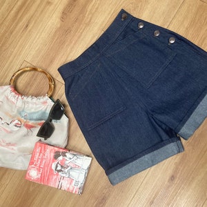 Vintage Style Denim Shorts , High waist , pin-up, Rockabilly , Button fastening