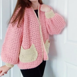 Crochet The Kitty Cat Cardigan PATTERN, Crochet Easy Cardigan With Cat Pockets Tutorial, How To Crochet Cat Cardigan Pattern