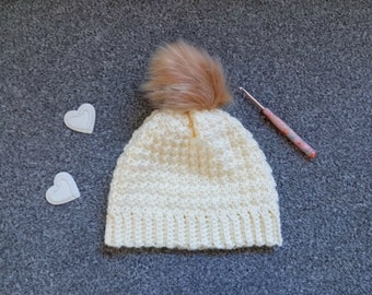 Crochet Easy Pompom Hat/Beanie PATTERN, Crochet Easy Hat For Beginners, Crochet The Snow Princess Hat Tutorial, Crochet Quick Pompom Beanie