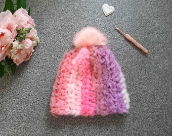 Crochet Beanie Pattern, Crochet Easy Fluffy Hat with Pompom, crochet pattern ONLY, Easy Crochet Pattern