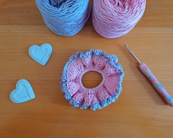 Crochet Lacy Scrunchie Pattern: Easy Two-Toned Hair Tie Tutorial For Beginners (PDF Pattern)