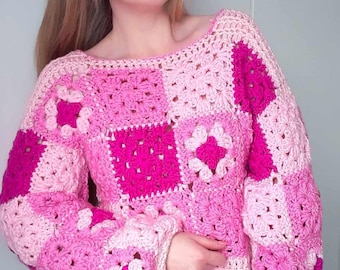 Patrón de suéter de crochet con cuadrados de abuela: jersey de patchwork fácil para principiantes (descarga digital)