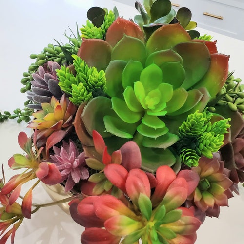 Artificial Succulent Centerpiece, Faux Greenery Arrangement, Gold Metal shops Bowl Succulent Bouquet