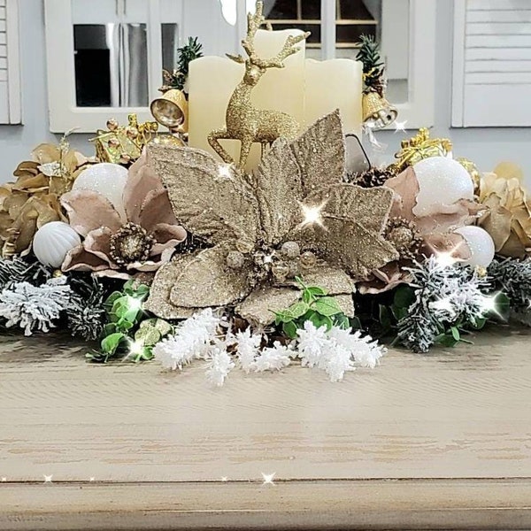 Centre de table de Noël, arrangement floral de Noël, grand centre de table, décor de Noël, centre de table floral blanc et or