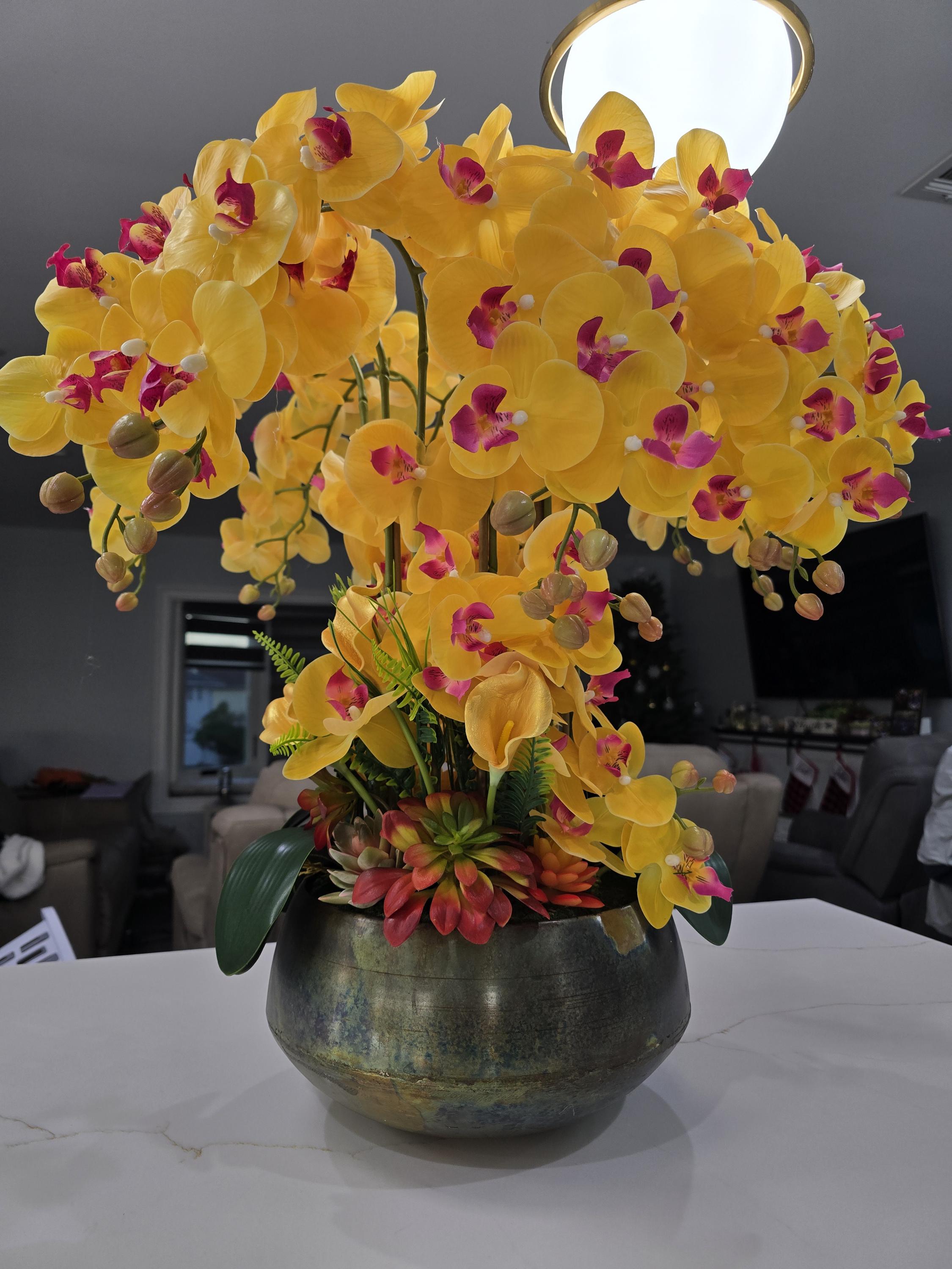 XL Yellow orchid centerpiece arrangement, 14 stems orchids and big arrangement personalized in metal rustic vase Real touch orchid