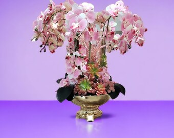 Faux Orchid Arrangement 8 stems 20&quot; tall Pink Orchids, Real Touch Orchid, Orchid in Gold Vase & more