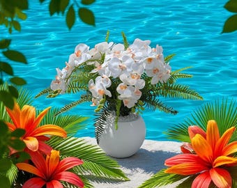 White Orchid & Fern Arrangement – Real Touch orchids centerpieces