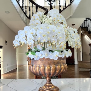 Luxury White Real Touch Orchid Arrangement in Antique Bronze Urn | Large Artificial Phalaenopsis Centerpiece | Elegant Home Decor
