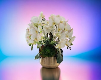 Large white orchid centerpiece arrangement, orchids and large succulent arrangement in gold metal bowl Real Touch Faux Orchid